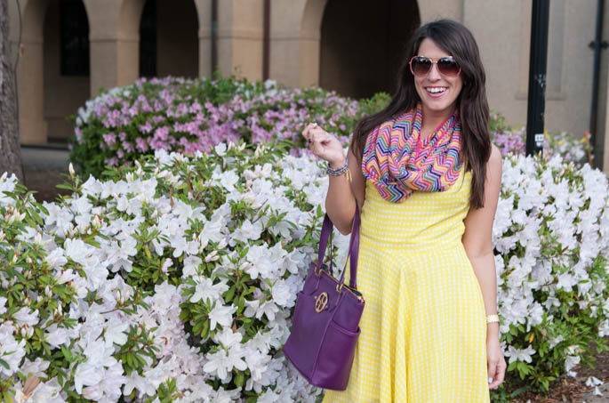 Yellow Spring Dress with Multicolored Scarf