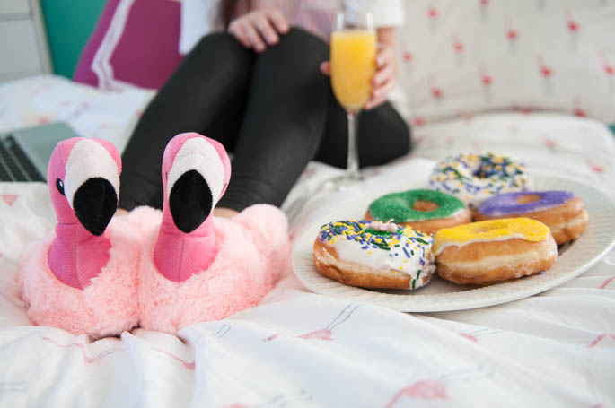 Flamingo Slippers and Mardi Gras Donuts