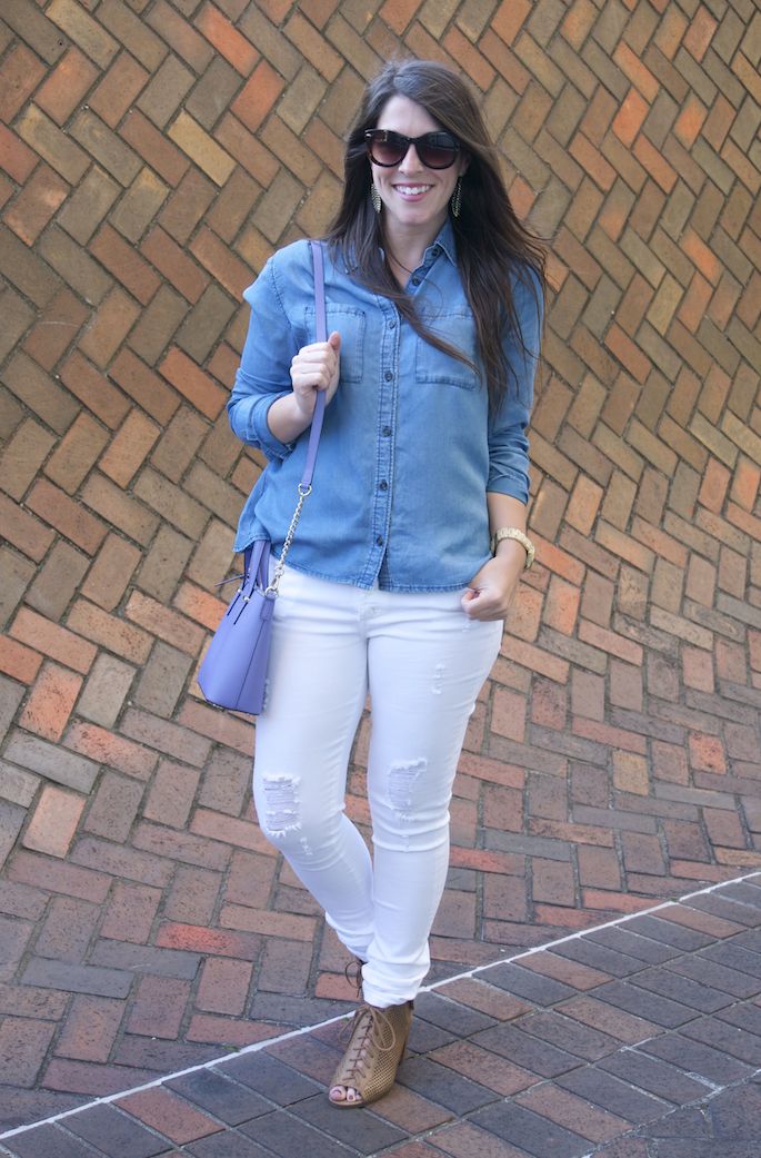 The perfect spring outfit on a budget with Wild Blue. Ripped white denim jeans with denim blouse by Sadie Robertson.