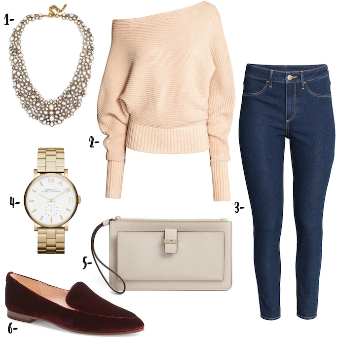 Styling an oversized sweater for fall with skin high ankle jeans, Kate Spade loafers, a statement bib necklace, and a Kate Spade wristlet.