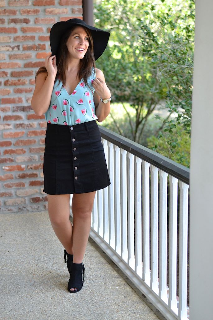 Summer Watermelon Print Top paired with black denim skirt and suede boots and hat | Transitioning summer prints into fall weather