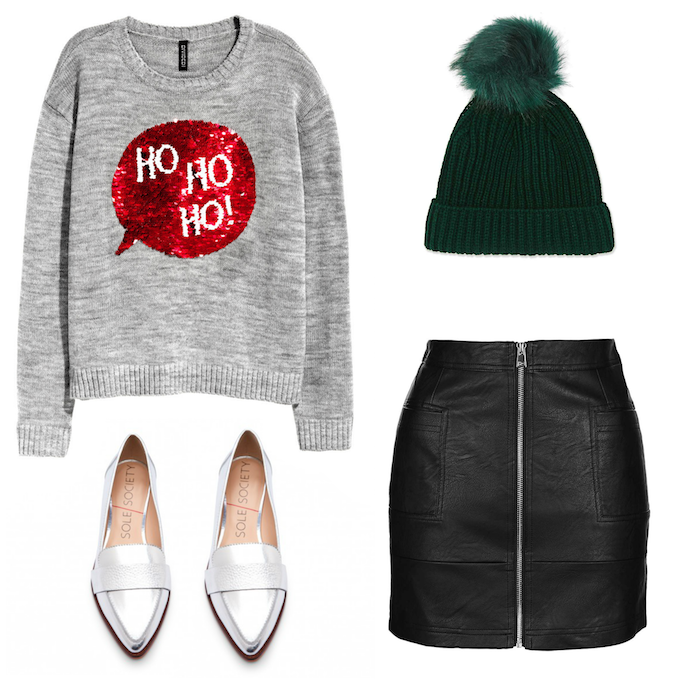 Ugly Christmas Sweaters That Aren't That Ugly - Ho Ho Ho Sweater with Leather Skirt and Beanie