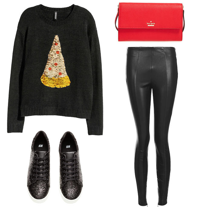 Pizza Christmas Tree Sweater - Leather Leggings, Kate Spade Cross Body, Glitter Sneakers