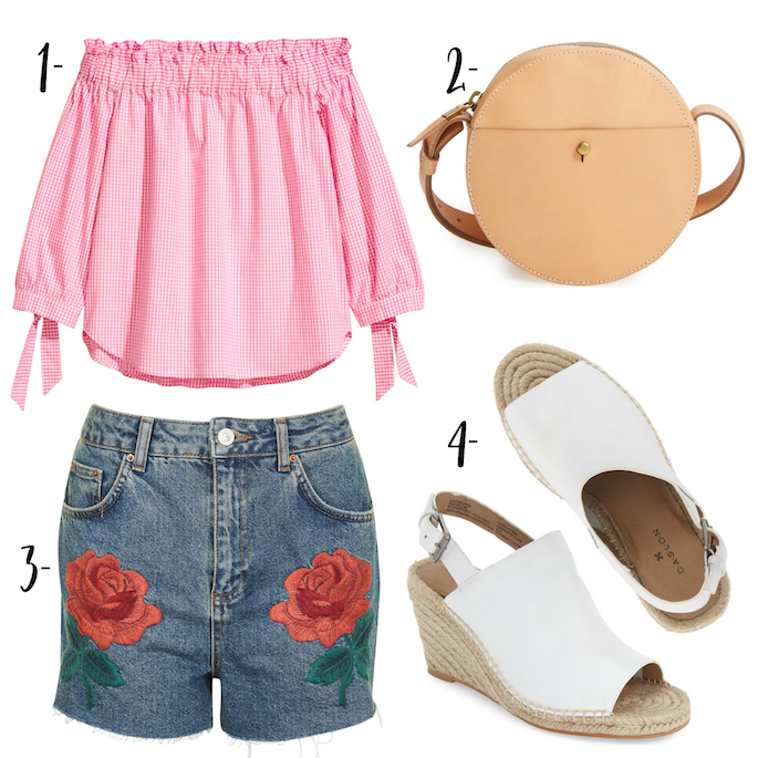 Such a fun spring time look for Wardrobe Wednesday! Rose embroidered shorts, pink off the shoulder gingham top with round bag and white mules!