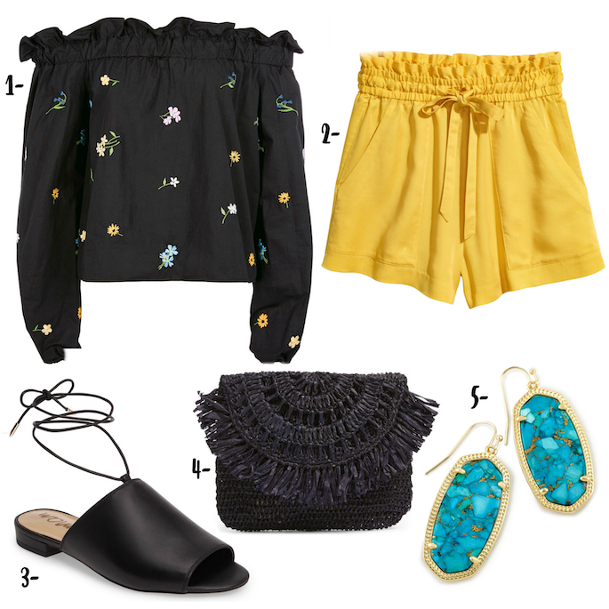Wardrobe Wednesday - Creating the perfect Spring Break look - Floral Embroidered top with yellow shorts and lace up mules! Shop the look on Southern Flair!