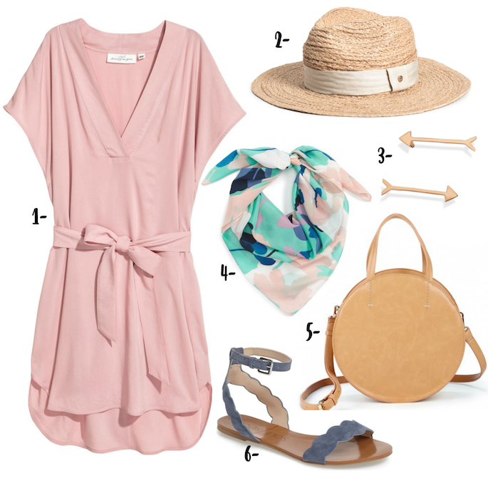 V-Neck Pink Dress with a straw hat, printed scarf, Canteen bag and flat sandals makes the perfect summer tourist outfit! 